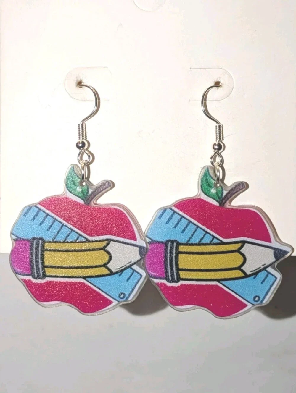 Hand Crafted Women/Kids Red Apple & Pencil Dangle Earrings